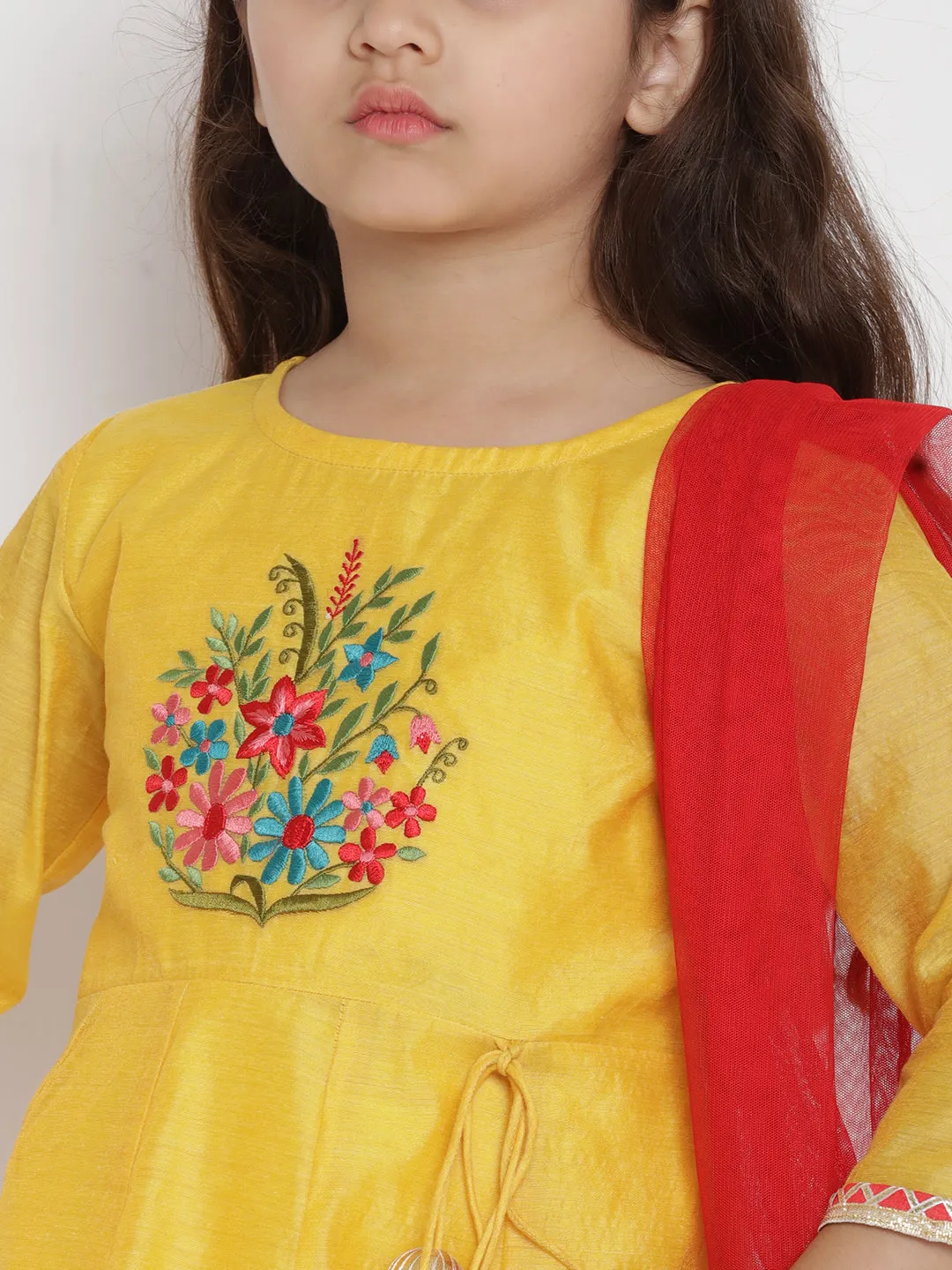 Jashvi Girls Yellow & Red Embroidered Kurta With Trousers & Dupatta