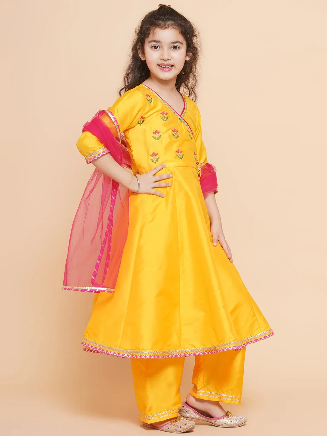 Jashvi Girls Yellow Embroidered Angrakha Kurta With Trousers & Dupatta