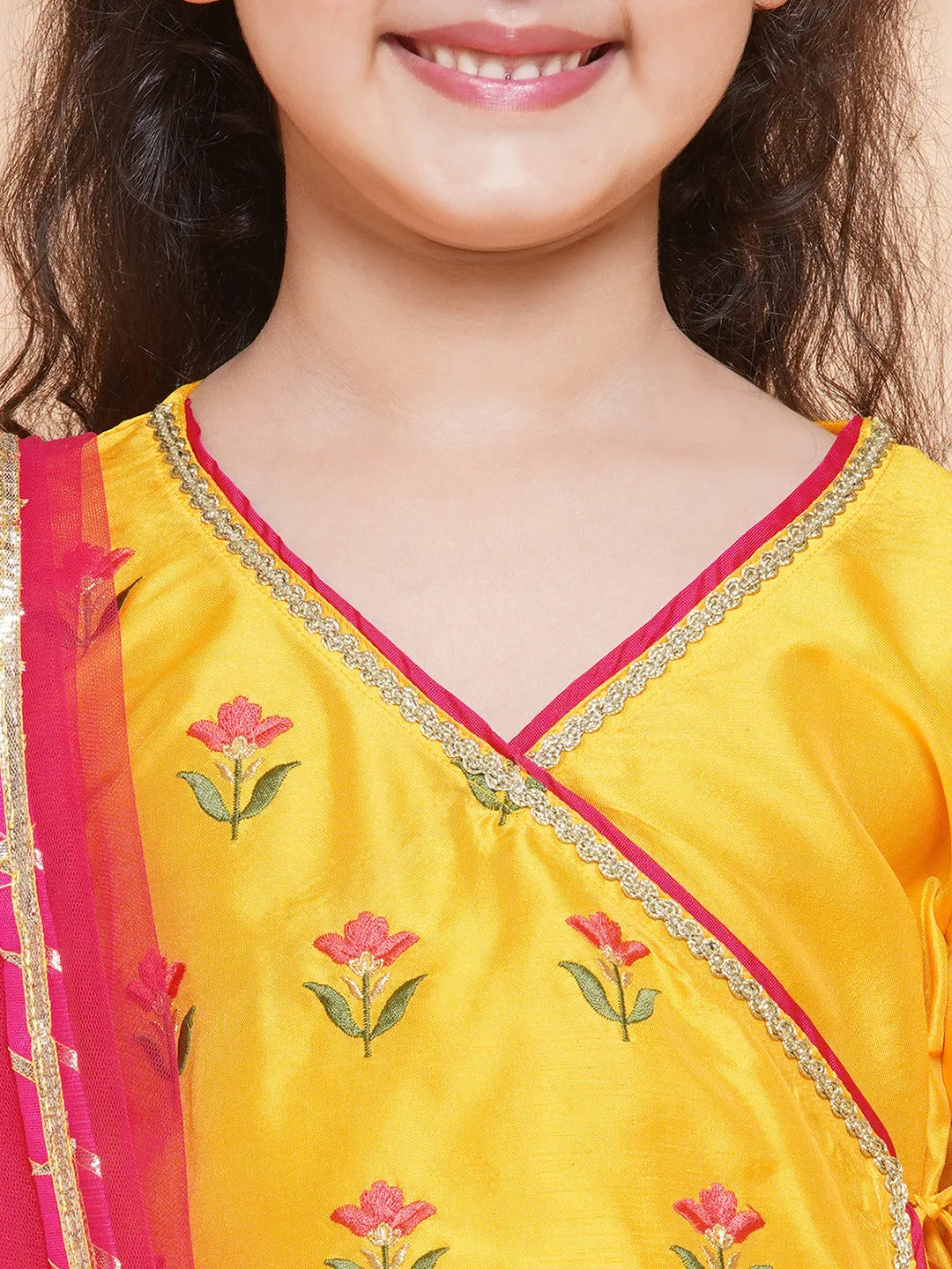 Jashvi Girls Yellow Embroidered Angrakha Kurta With Trousers & Dupatta