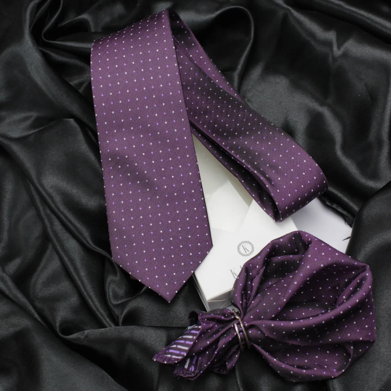 Kovove Elegant Purple Polka Dot Necktie and Pocket Square Gift Box