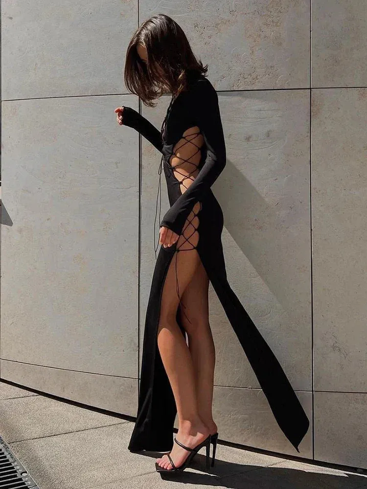 Lace Up Sexy Slit Fashion Party Club Long Sleeve Midi Dress