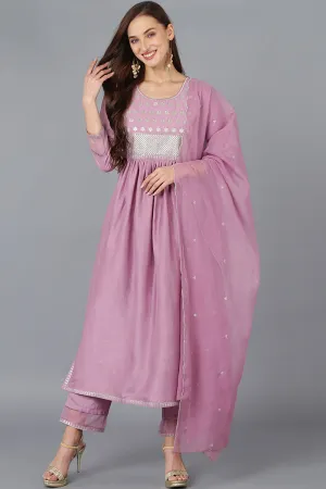 Lavender Silk Blend Solid Straight Kurta Trousers With Dupatta