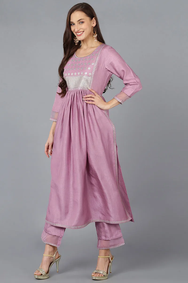 Lavender Silk Blend Solid Straight Kurta Trousers With Dupatta