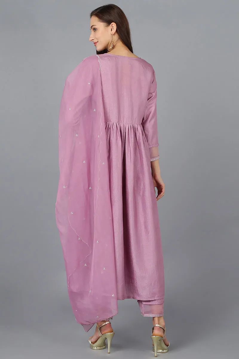 Lavender Silk Blend Solid Straight Kurta Trousers With Dupatta