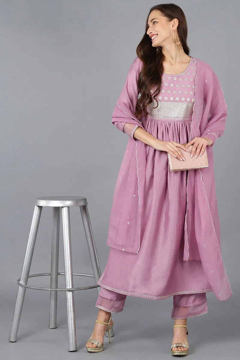 Lavender Silk Blend Solid Straight Kurta Trousers With Dupatta