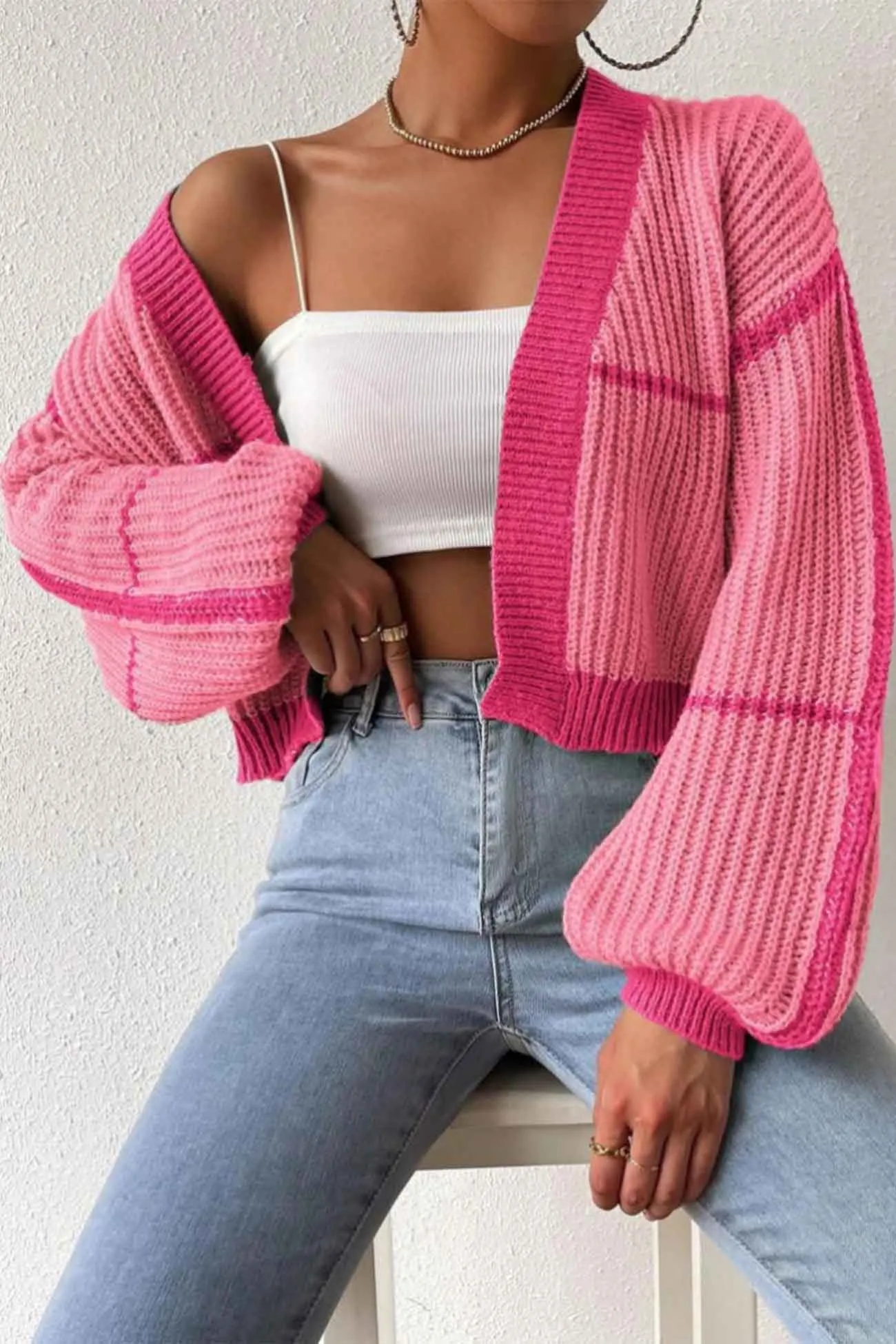 Long Sleeve Open-Front Patchwork Knit Cardigan