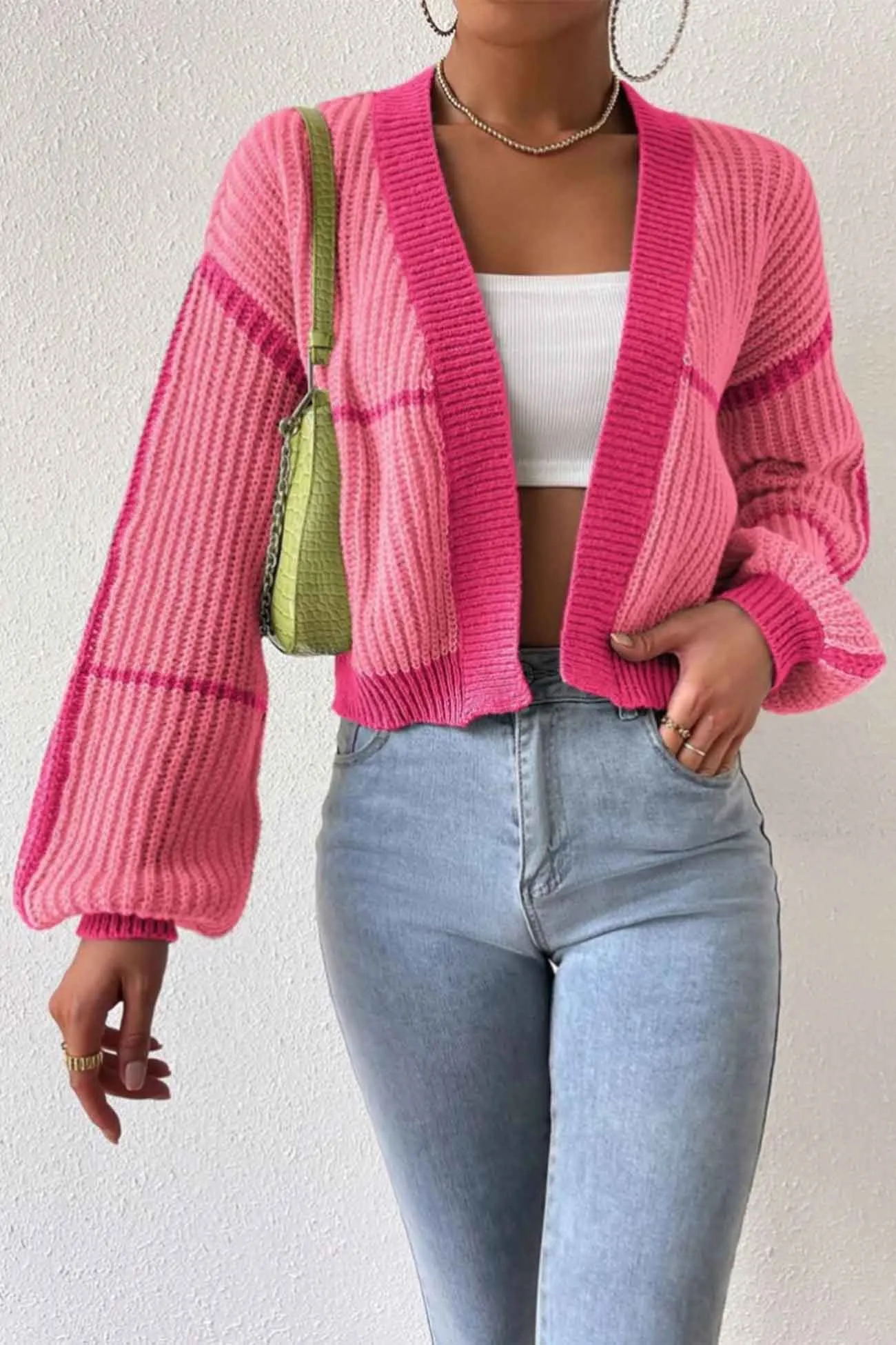 Long Sleeve Open-Front Patchwork Knit Cardigan