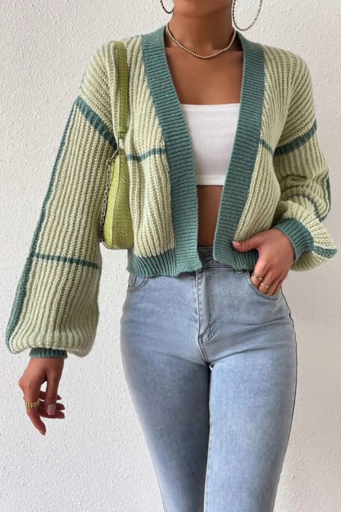 Long Sleeve Open-Front Patchwork Knit Cardigan