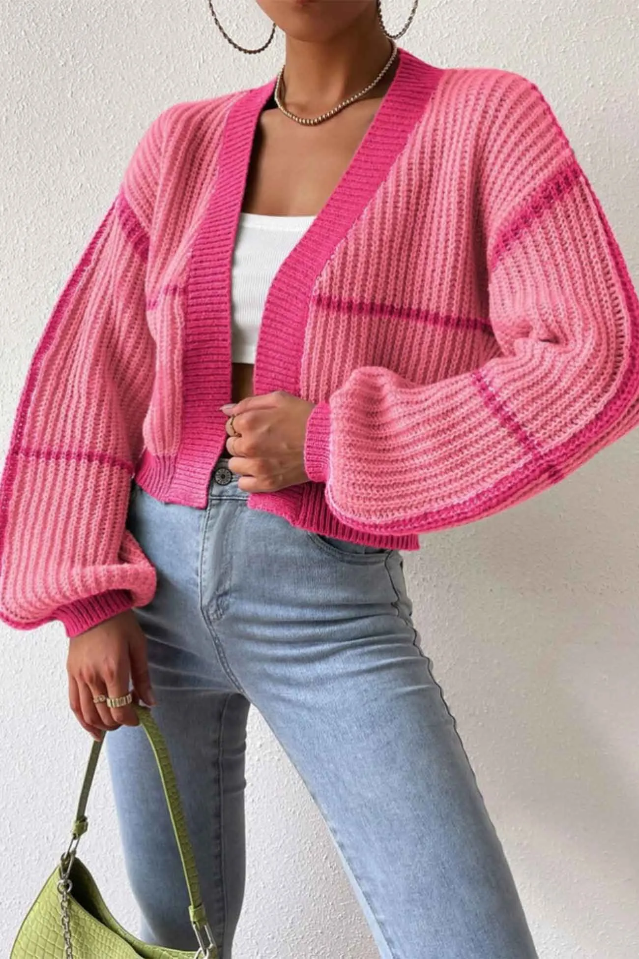 Long Sleeve Open-Front Patchwork Knit Cardigan