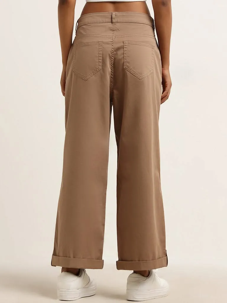 LOV Beige Cotton Blend Mid Rise Flared Trousers