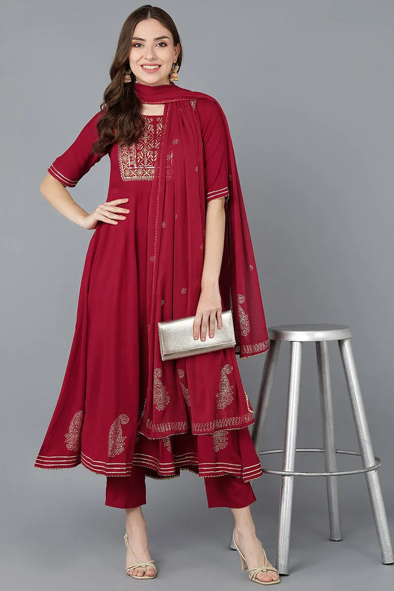 Maroon Silk Blend Anarkali Suit Set