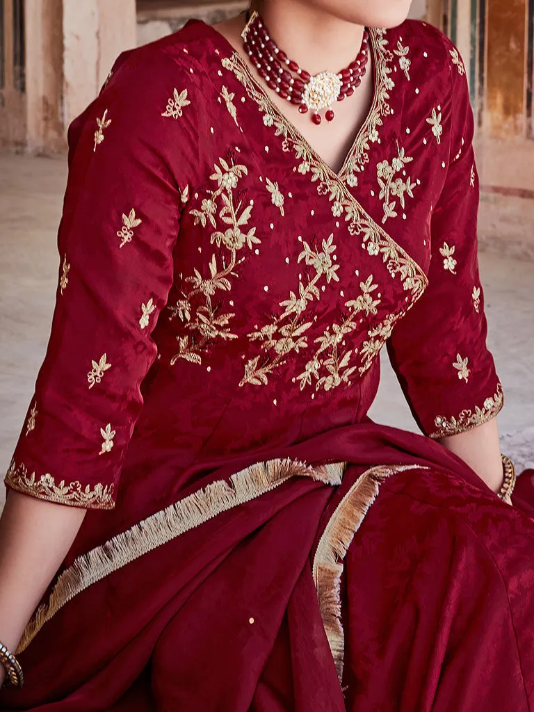 Maroon Silk Dobby Embroidered Anarkali Long Kurta With Silk Blend Trousers And Organza Embroidred Dupatta