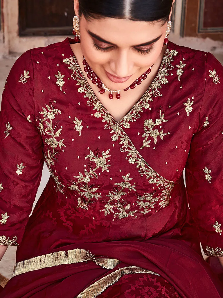 Maroon Silk Dobby Embroidered Anarkali Long Kurta With Silk Blend Trousers And Organza Embroidred Dupatta