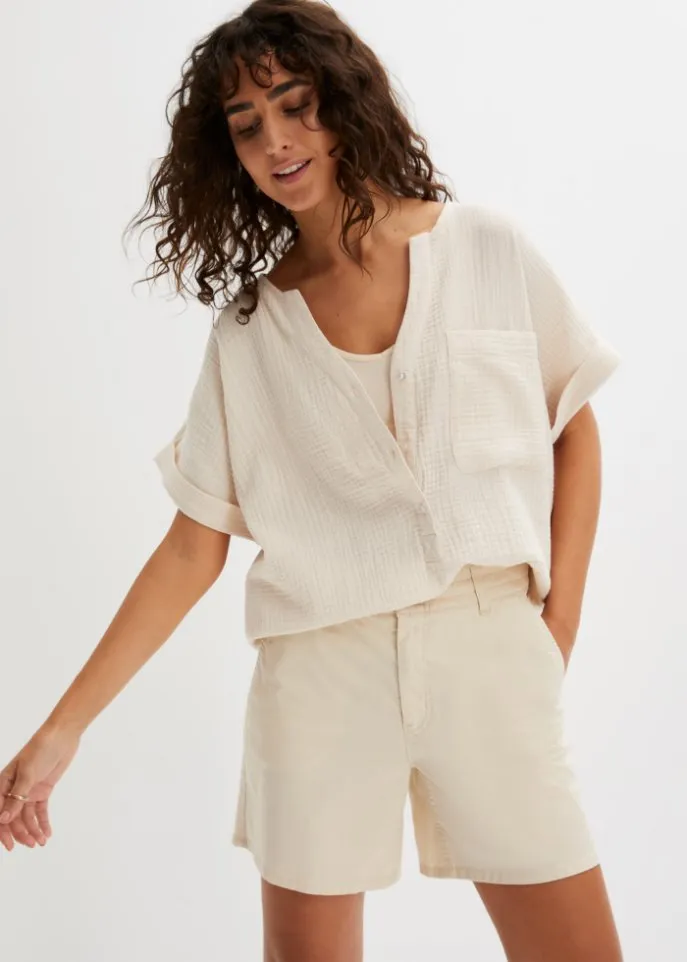 Muslin blouse with button placket and pocket Bpc Bonprix Collection, beige