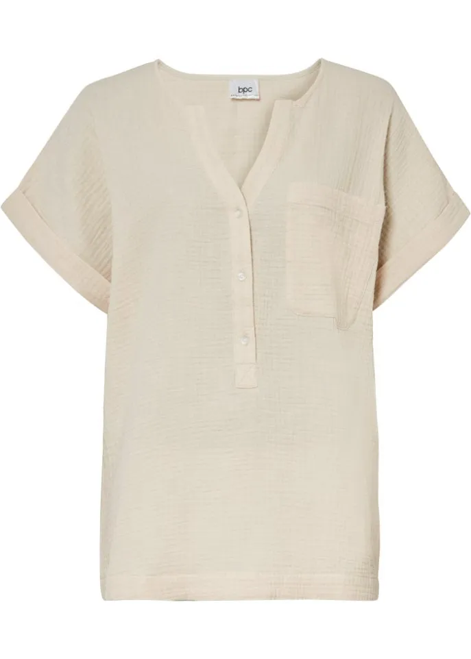 Muslin blouse with button placket and pocket Bpc Bonprix Collection, beige