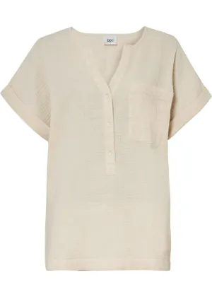 Muslin blouse with button placket and pocket Bpc Bonprix Collection, beige