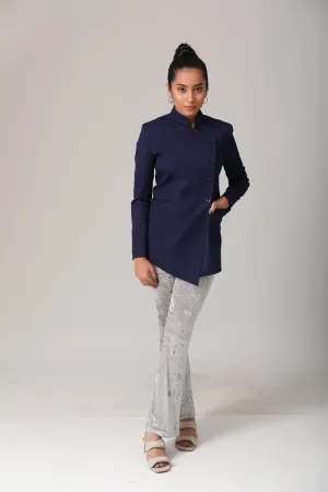 Office Wear Blue Women's Blazer with Stand Collar