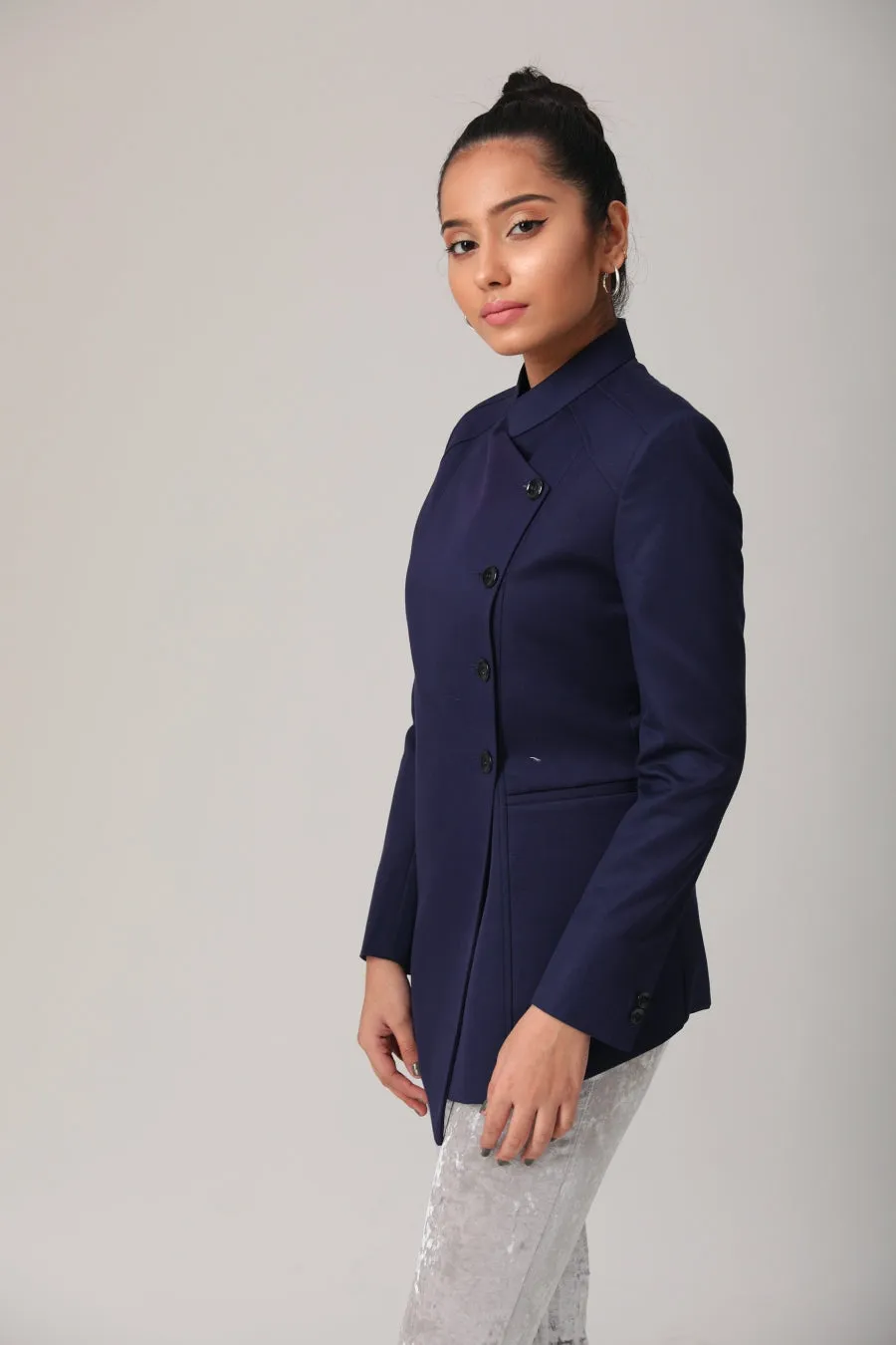 Office Wear Blue Women's Blazer with Stand Collar