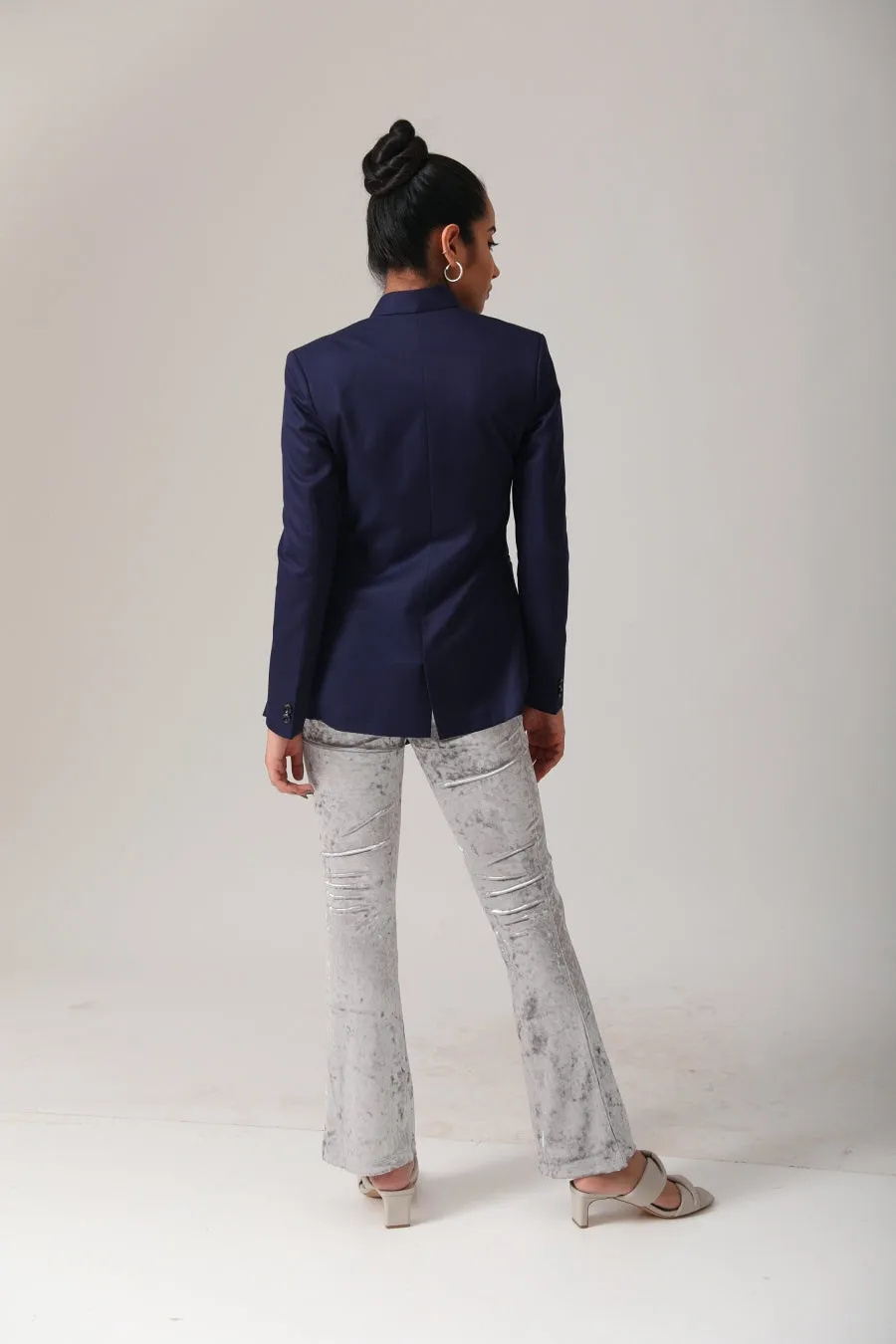 Office Wear Blue Women's Blazer with Stand Collar