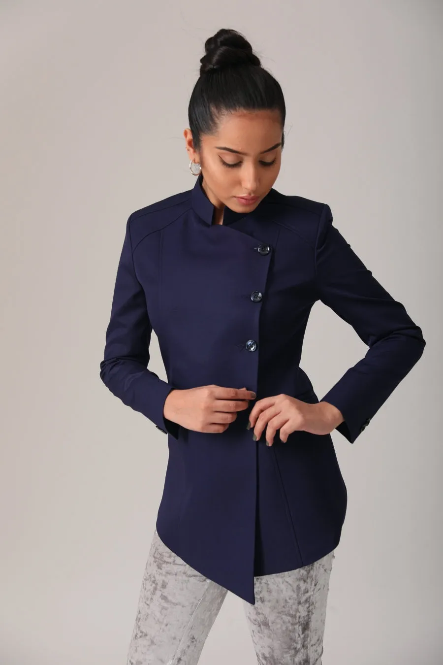 Office Wear Blue Women's Blazer with Stand Collar