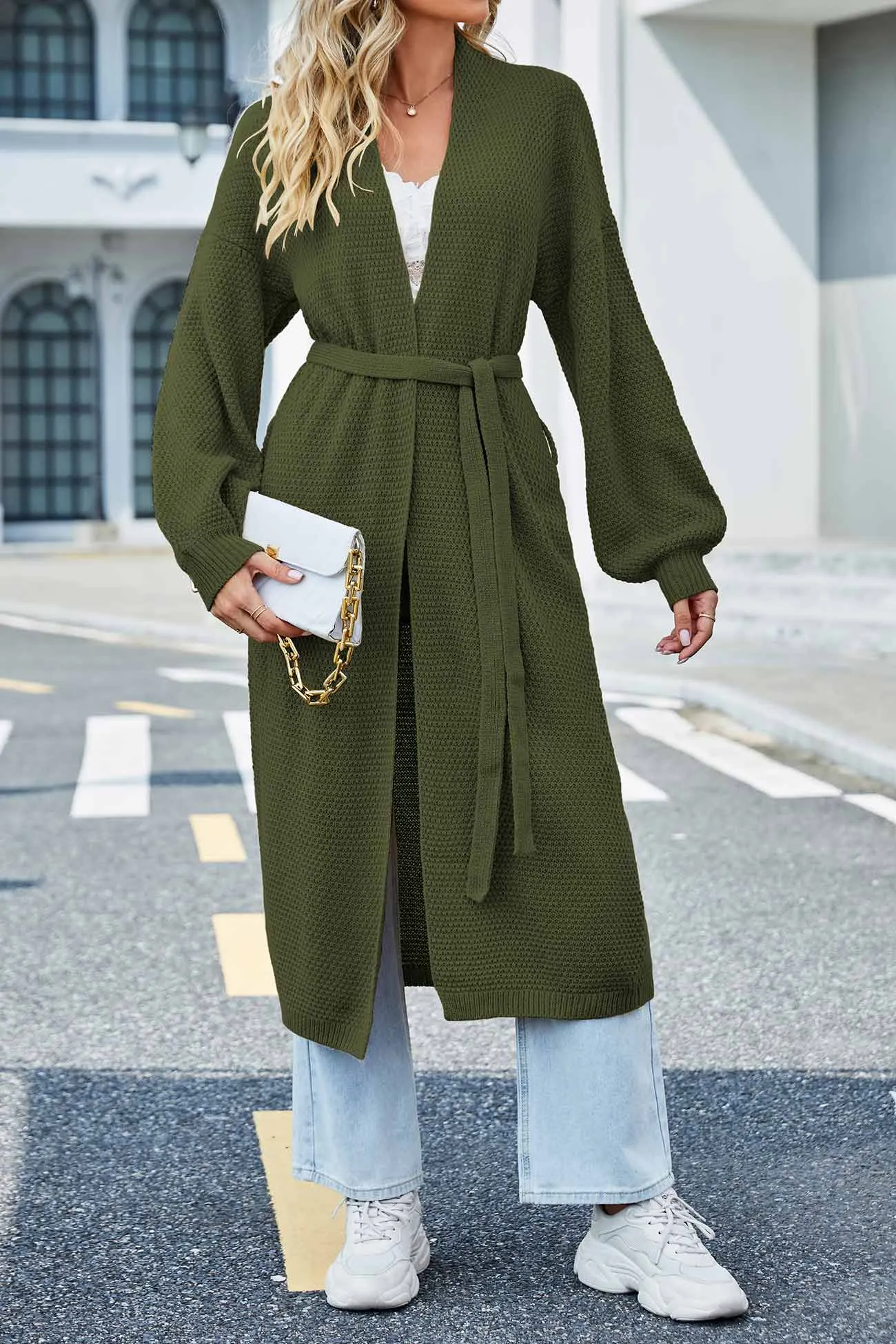 Open Front Tie-waist Long Cardigan