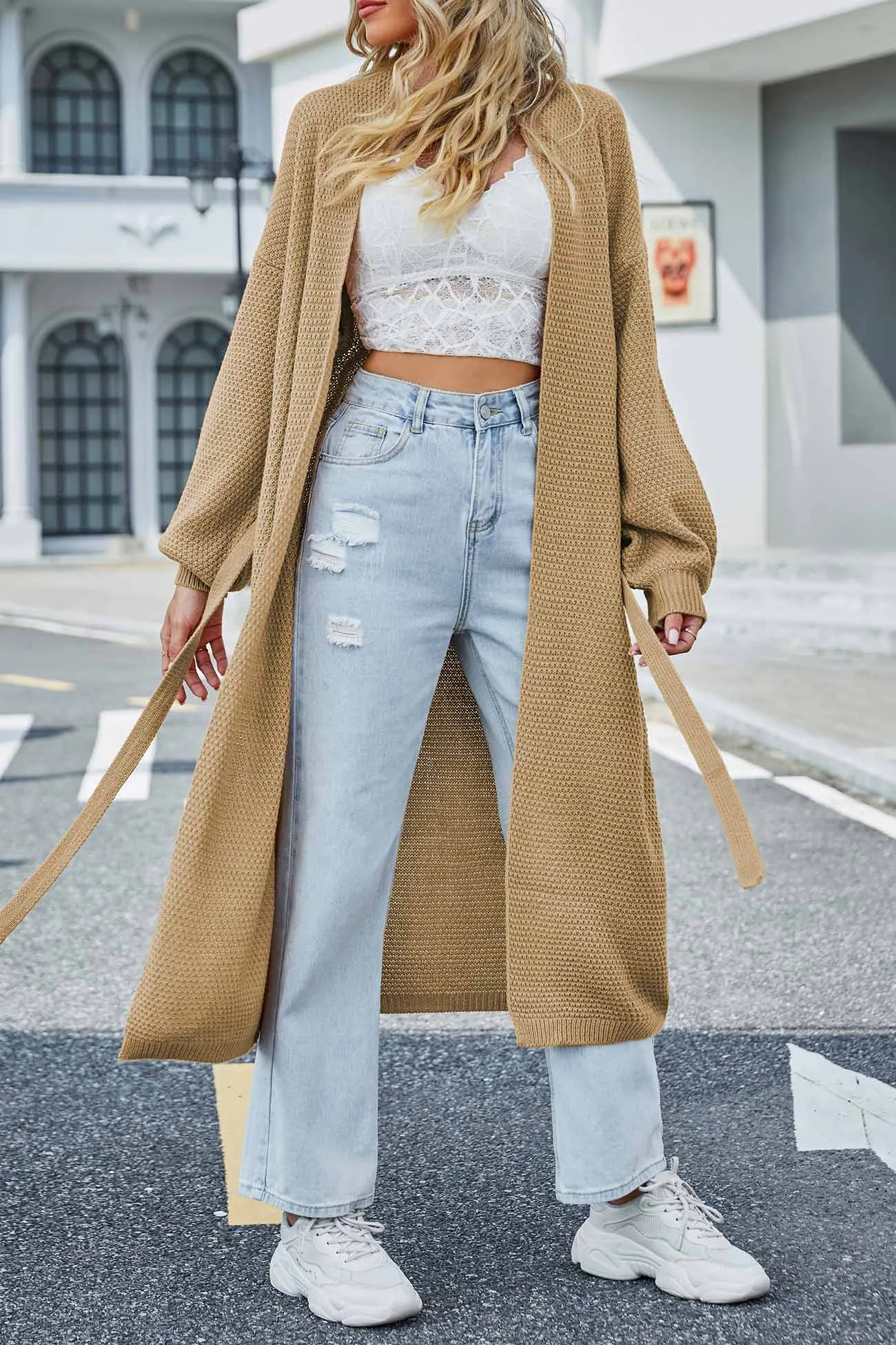 Open Front Tie-waist Long Cardigan