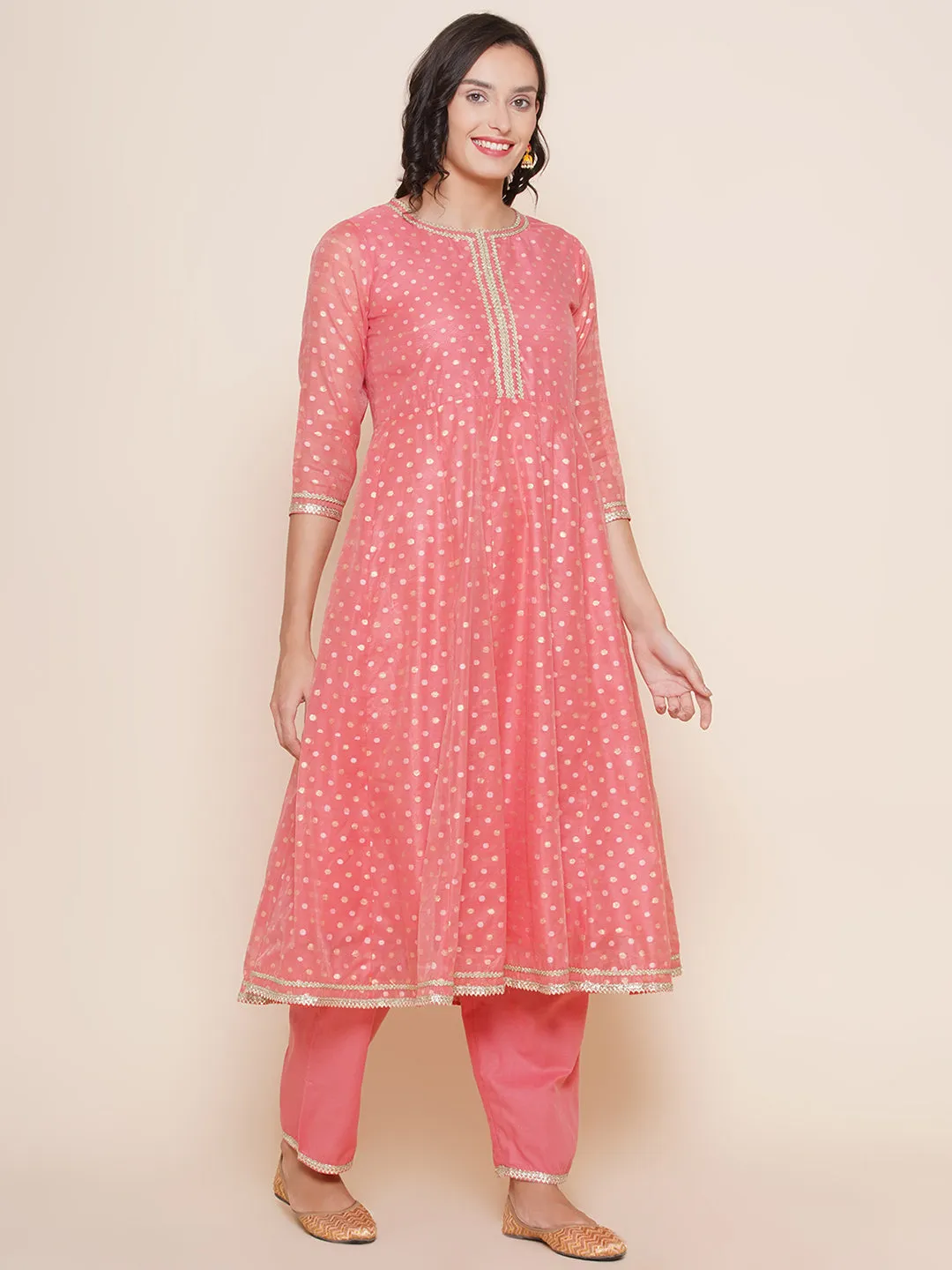 Peach Modal Jacquard Booti Anarkali Kurta Set For Women & Anarkali Kurta Set for Girl