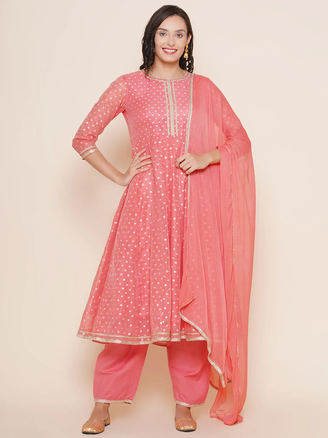 Peach Modal Jacquard Booti Anarkali Kurta Set For Women & Anarkali Kurta Set for Girl