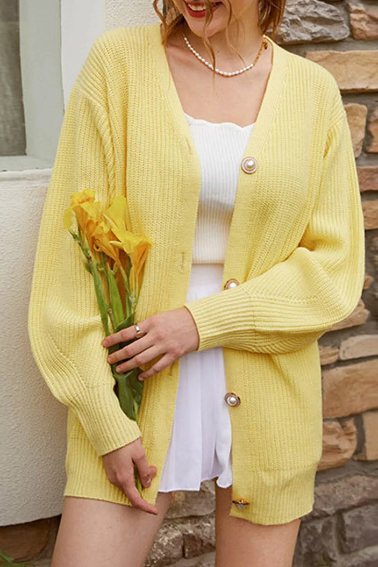 Pearl Button Puff Sleeve Cardigan