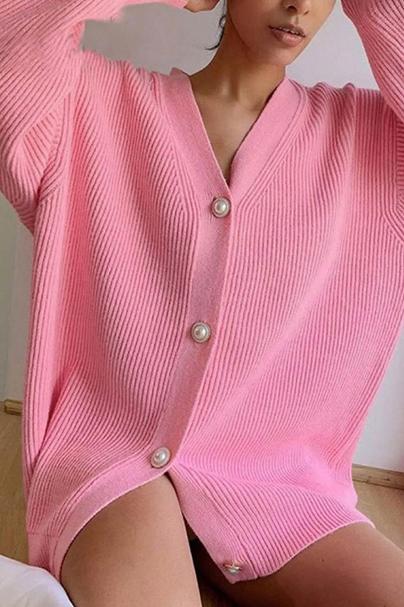 Pearl Button Puff Sleeve Cardigan