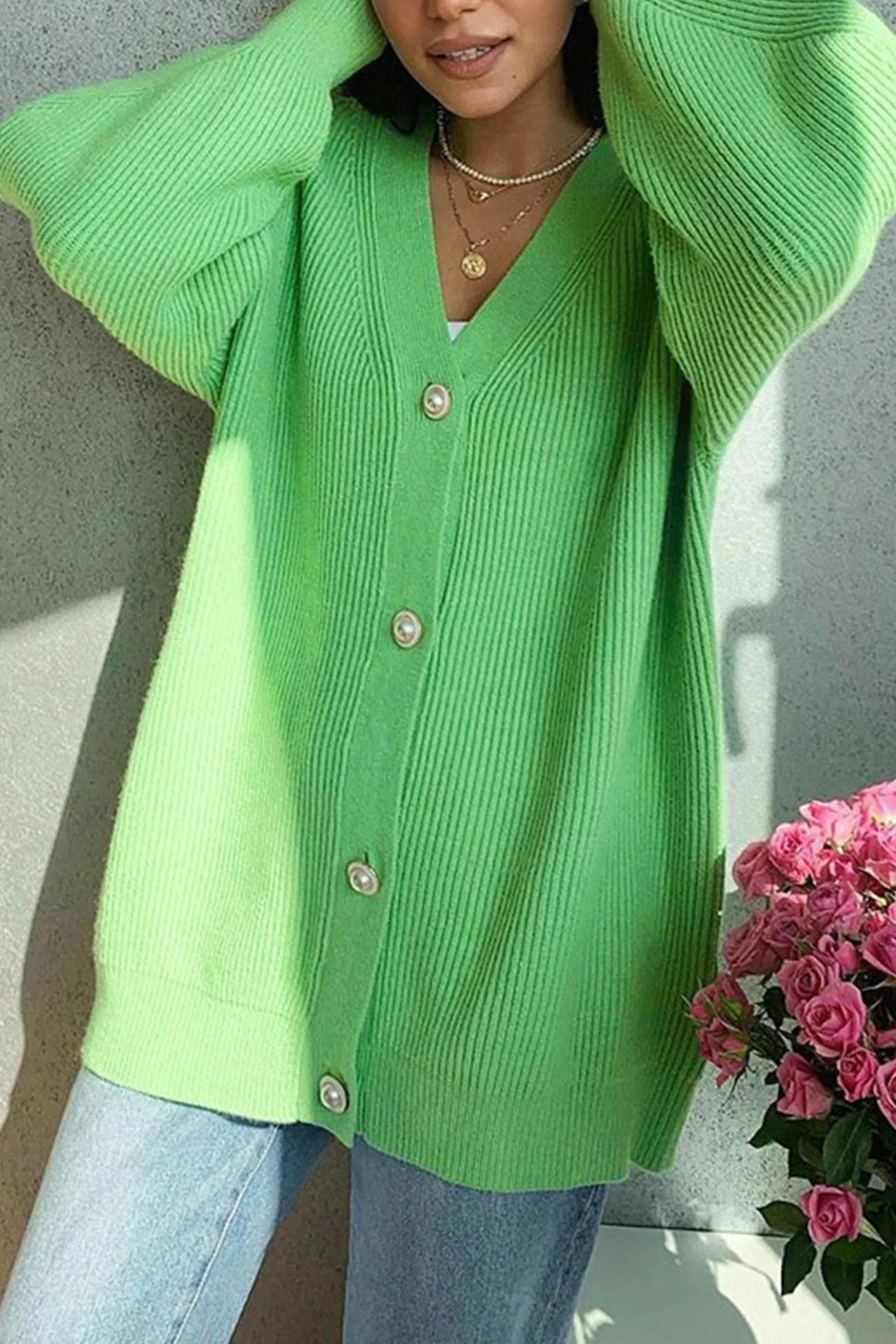 Pearl Button Puff Sleeve Cardigan