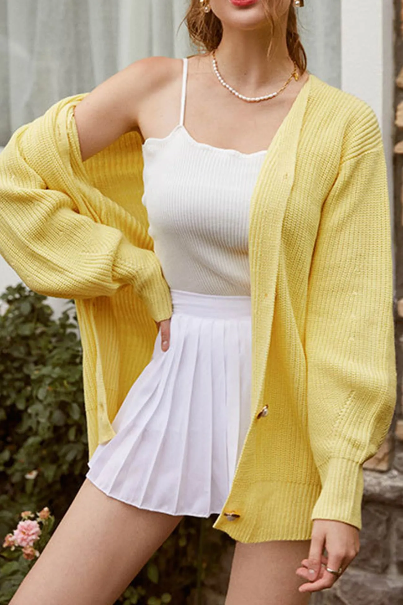 Pearl Button Puff Sleeve Cardigan