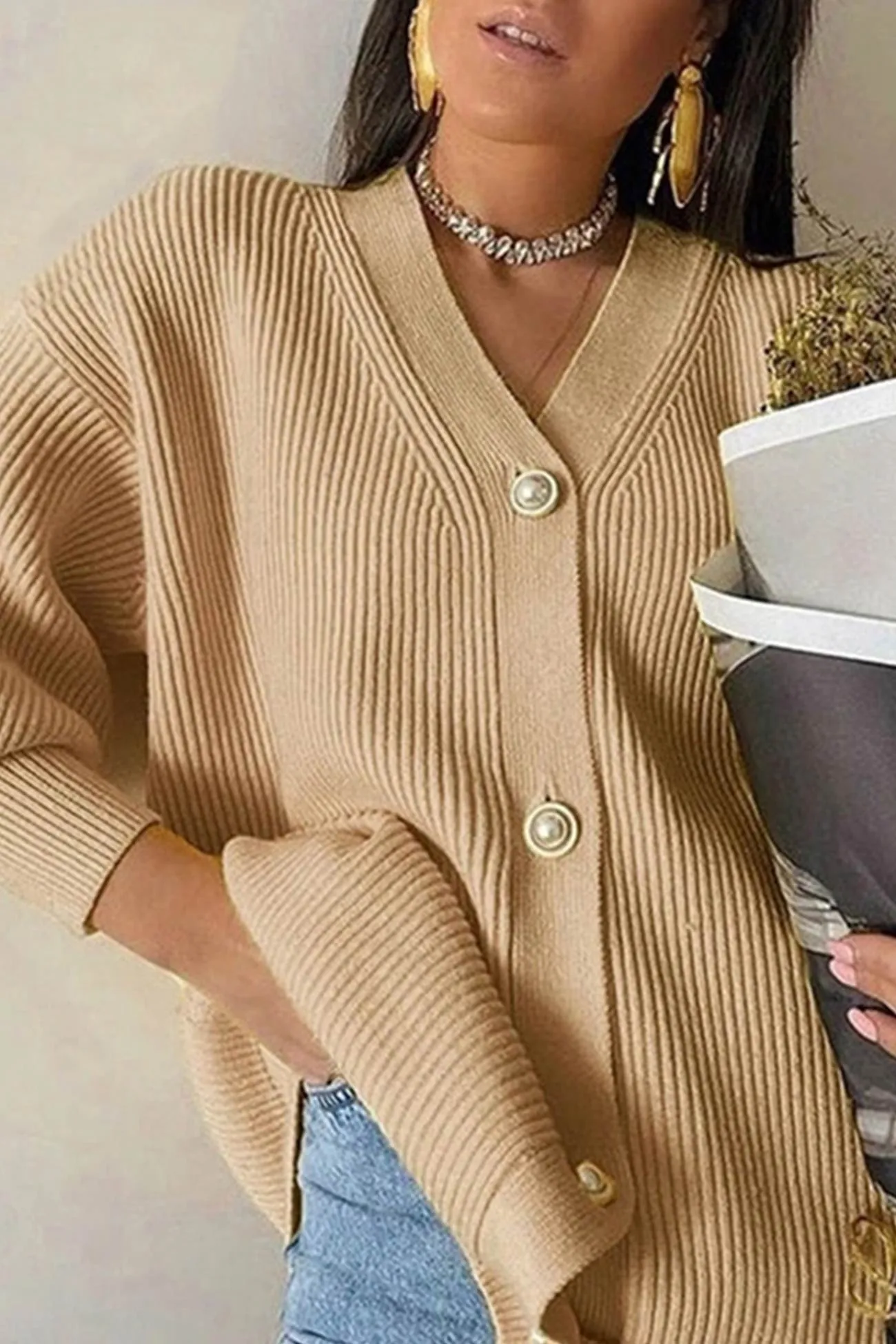 Pearl Button Puff Sleeve Cardigan