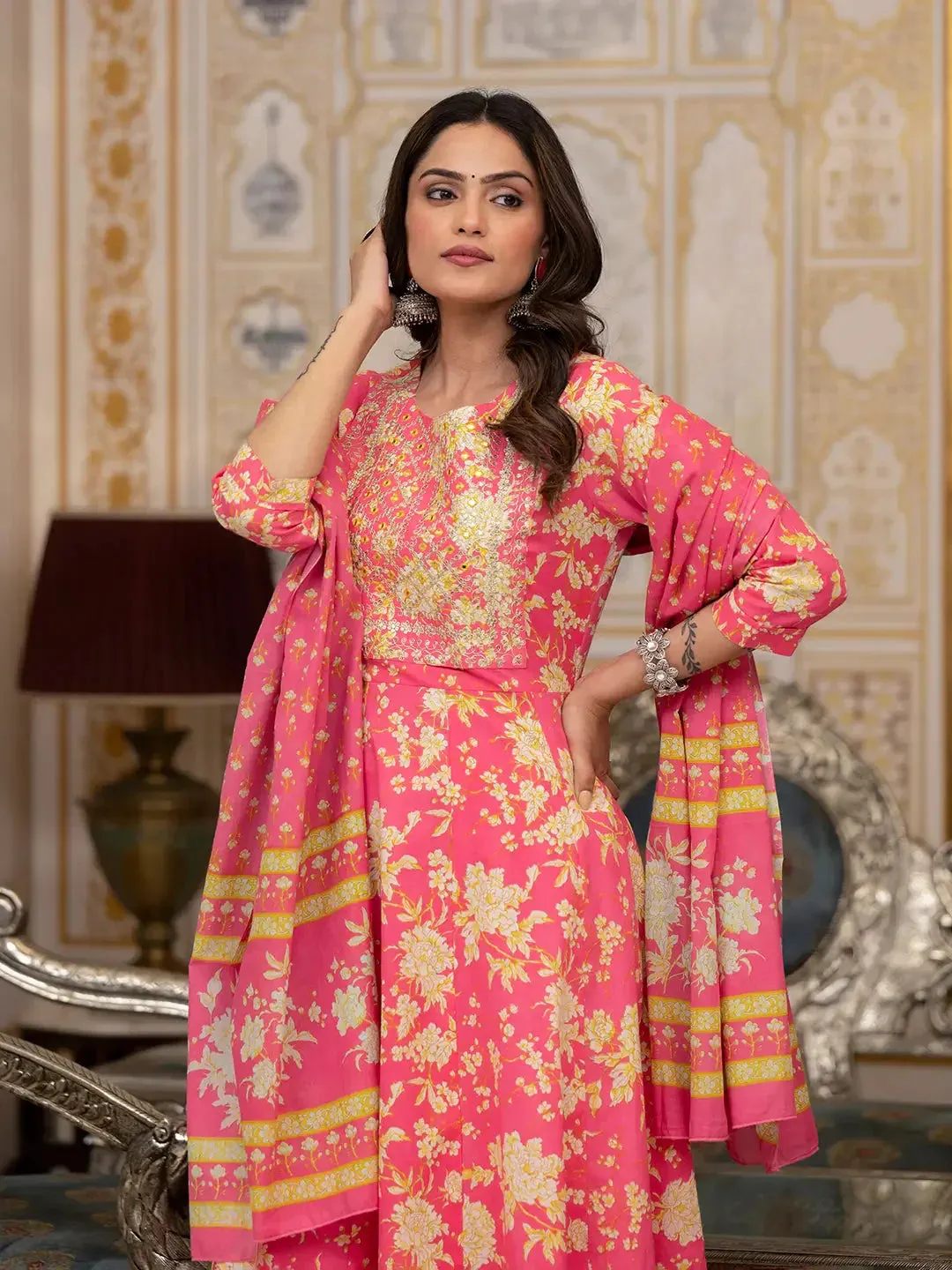 Pink Zari_Work Kurta Pant Dupatta Set