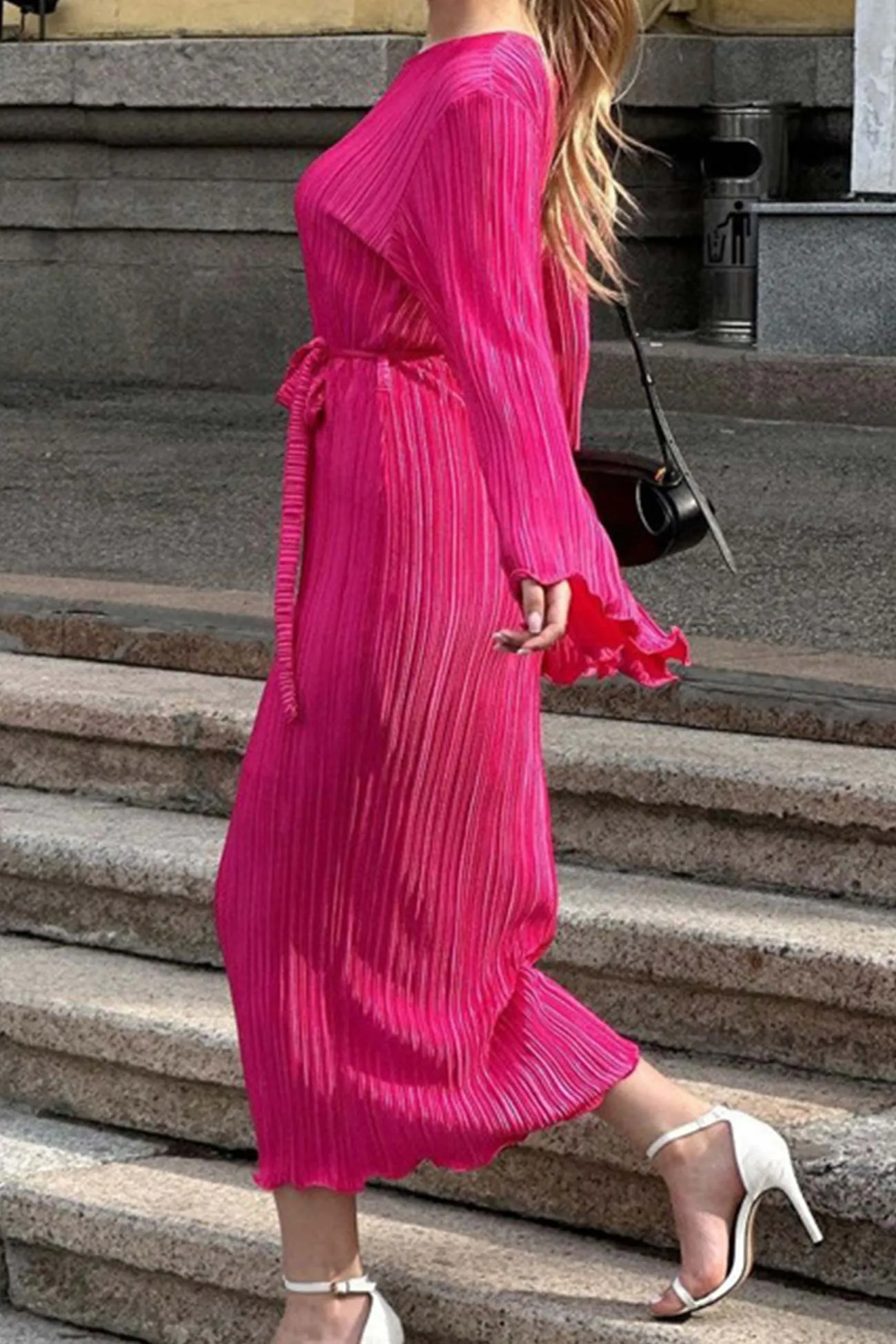 Pleated Long Flares Sleeve Tie-waist Dress