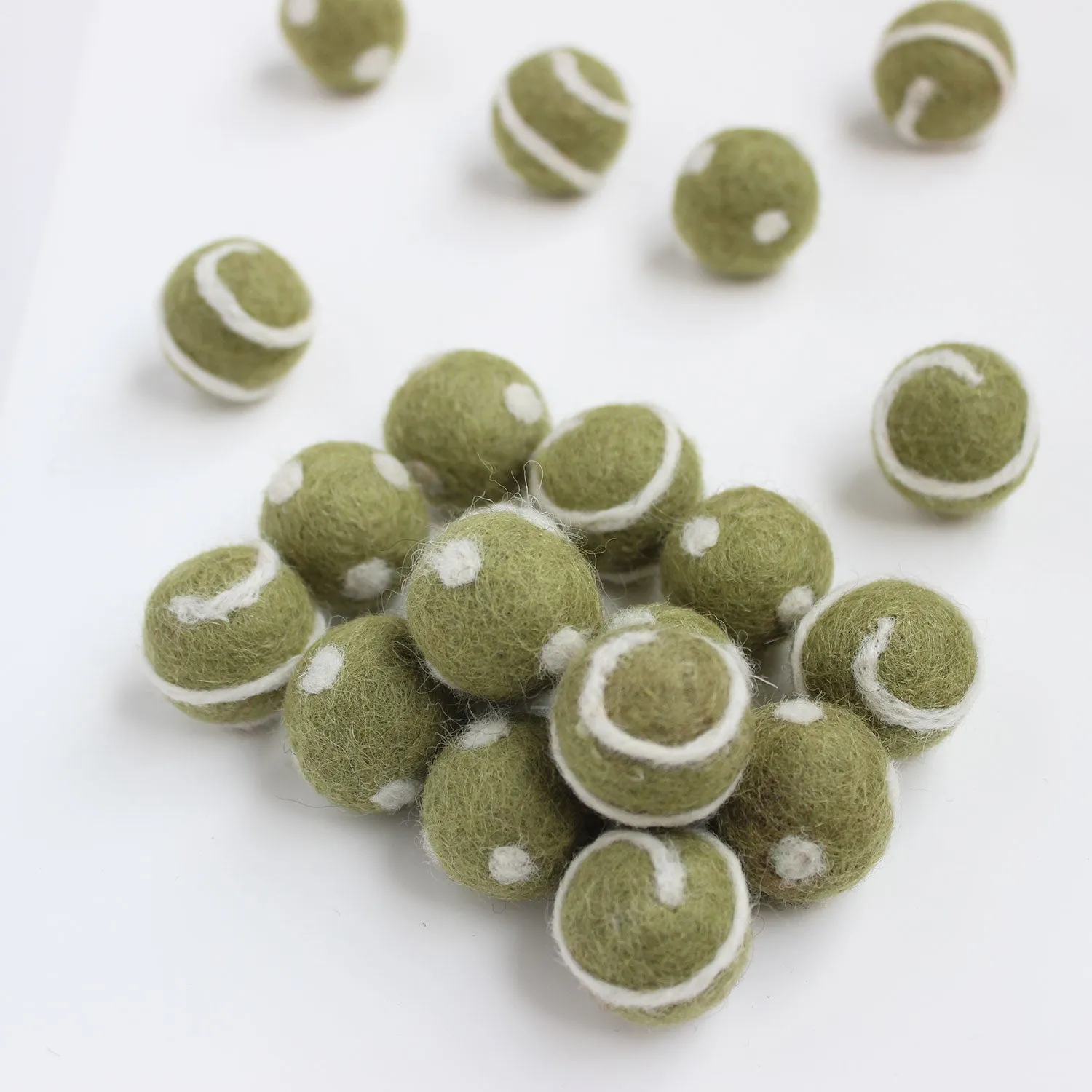 Polka Dot Swirl Felt Balls White On Olive Green