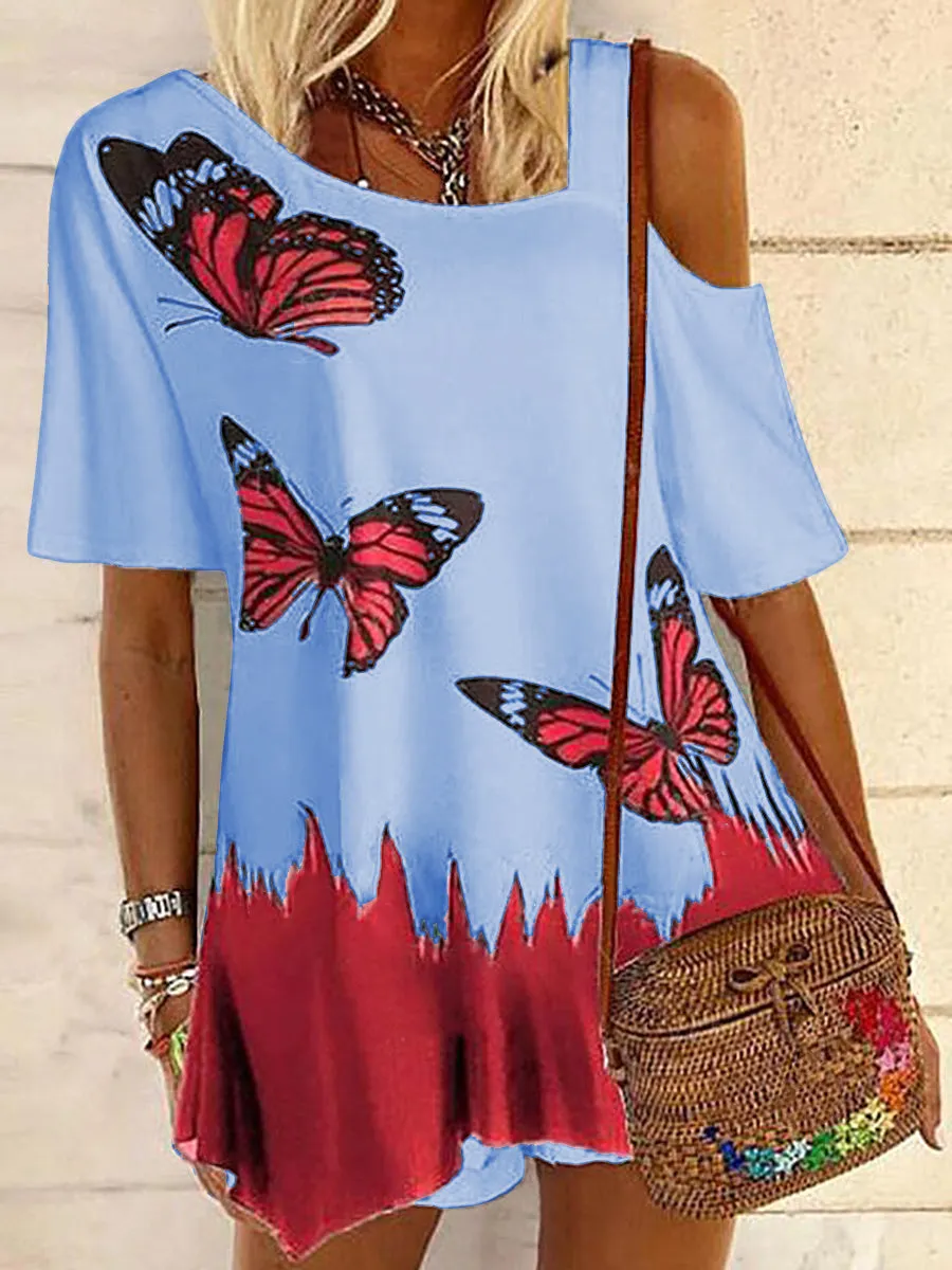 Print Cold Shoulder Short Sleeves Casual Blouses