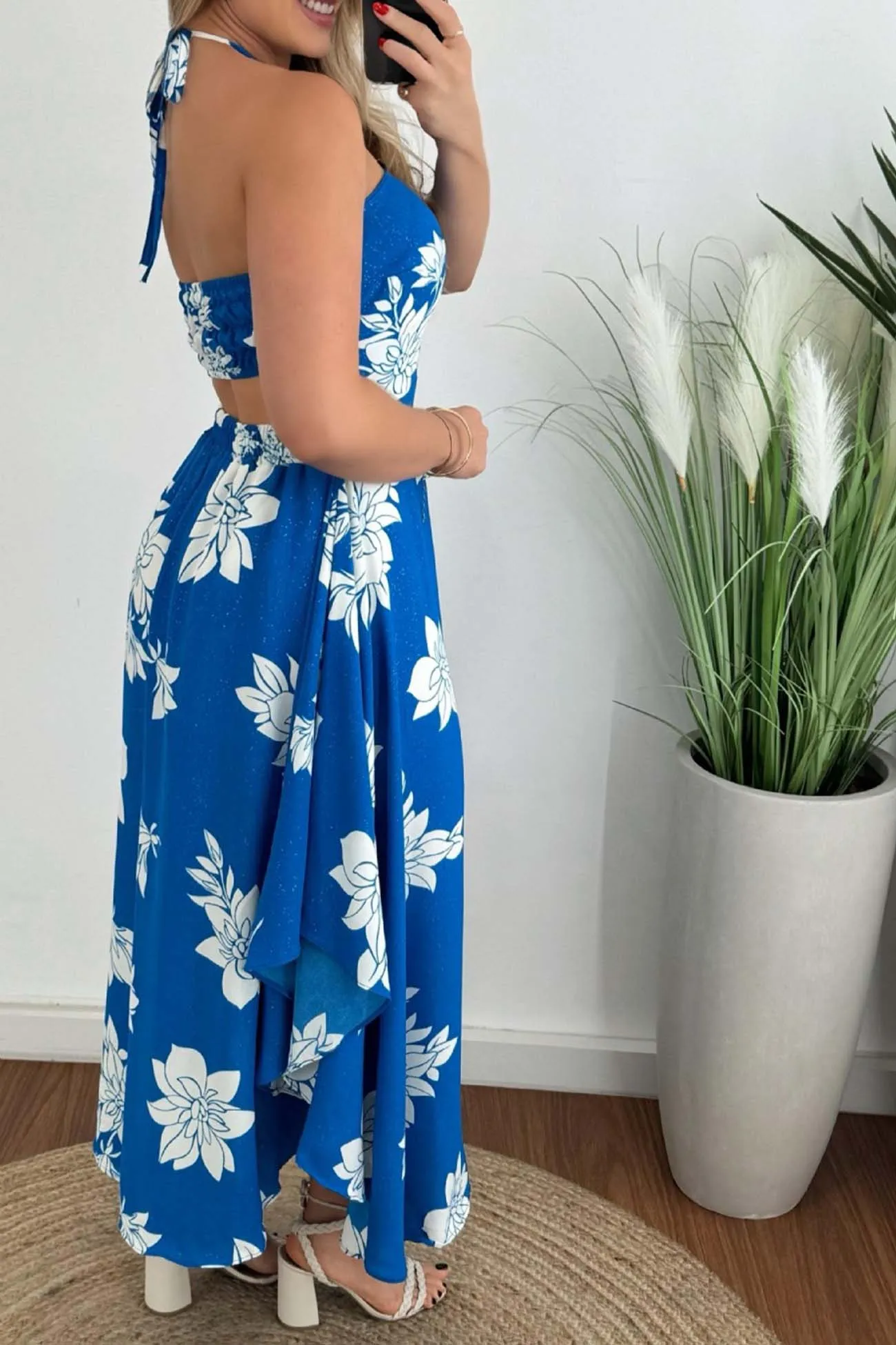 Printed Backless Halterneck Midi Dress