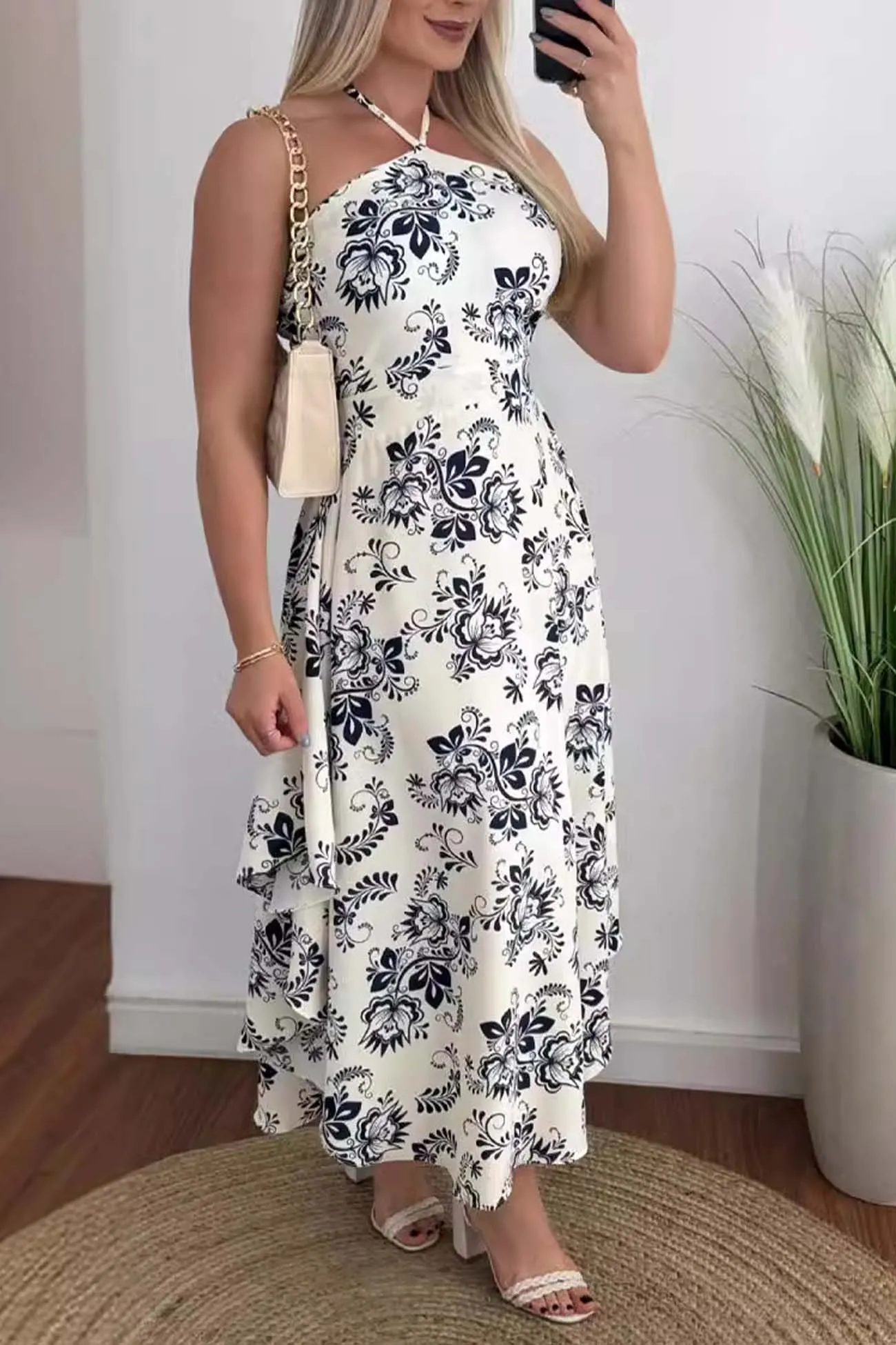 Printed Backless Halterneck Midi Dress