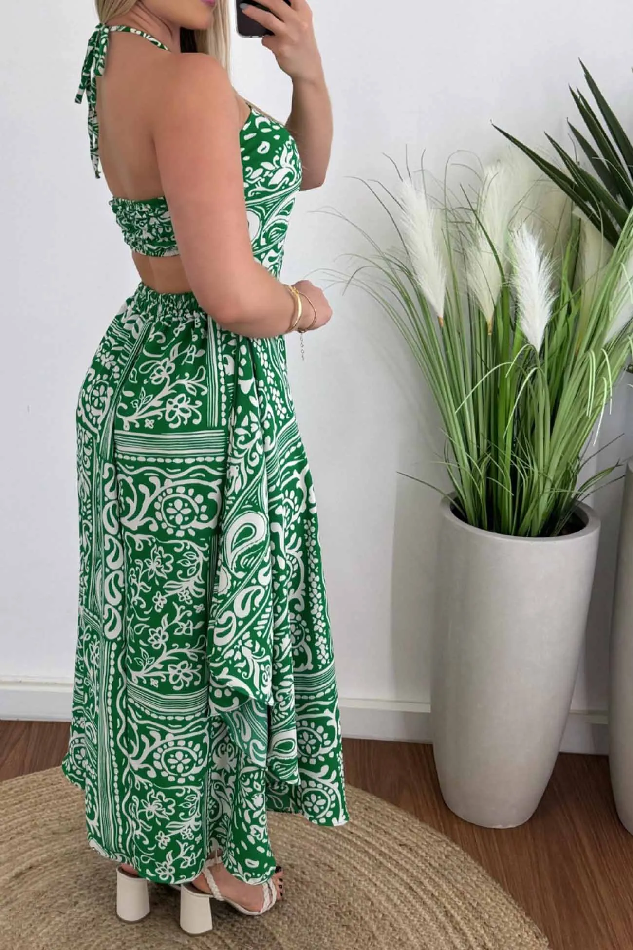 Printed Backless Halterneck Midi Dress