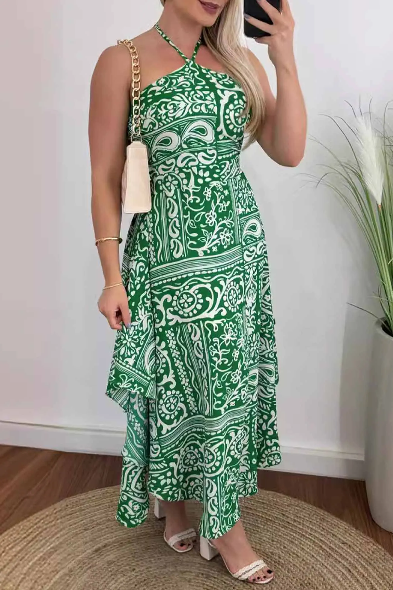 Printed Backless Halterneck Midi Dress