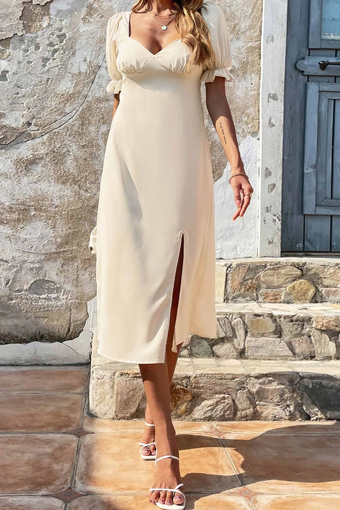 Puff Sleeve Crisscross Strappy Slit Dress