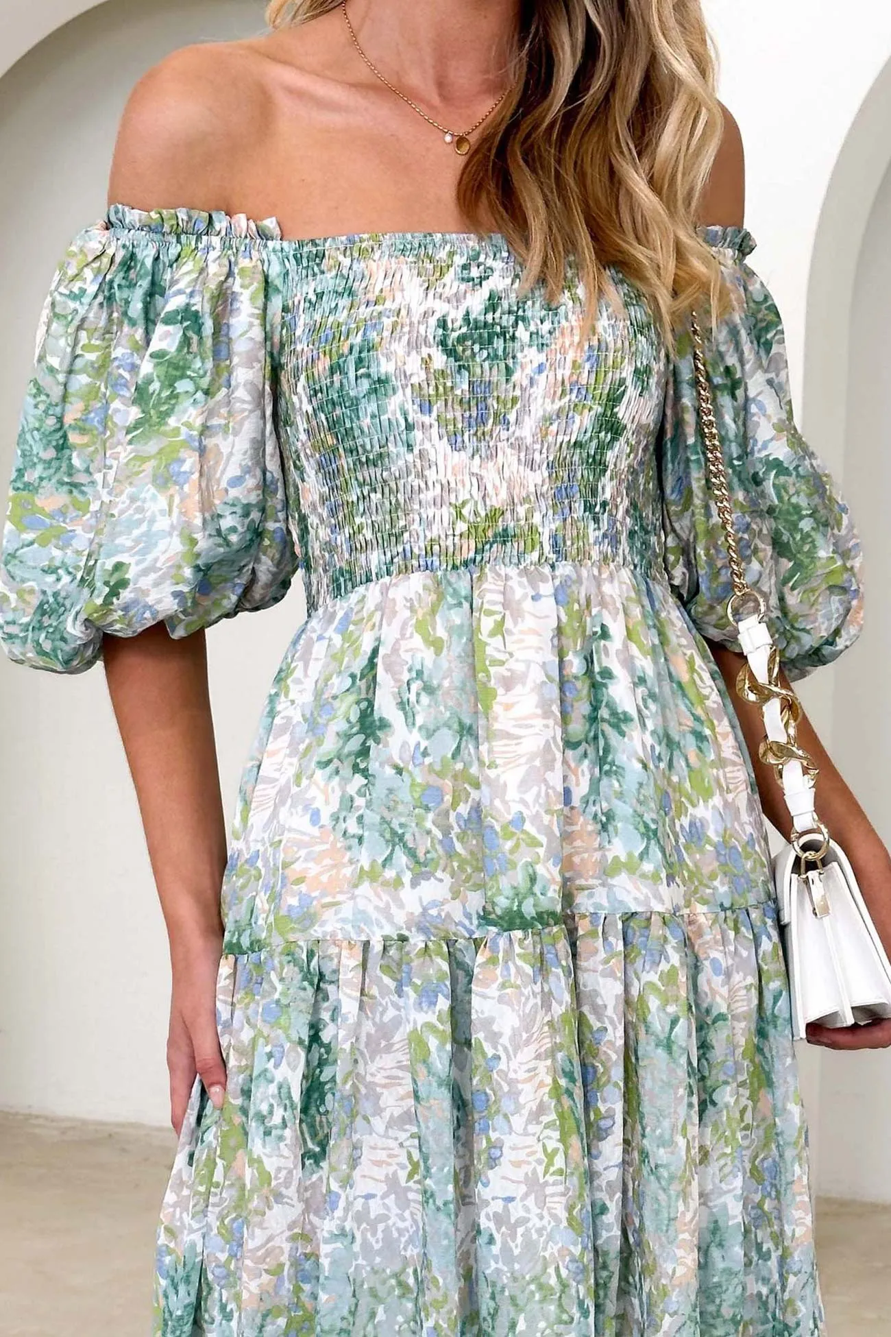 Puff Sleeve Printed Smocked Tiered Dress