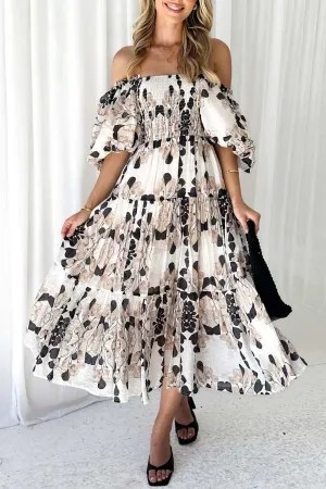 Puff Sleeve Printed Smocked Tiered Dress