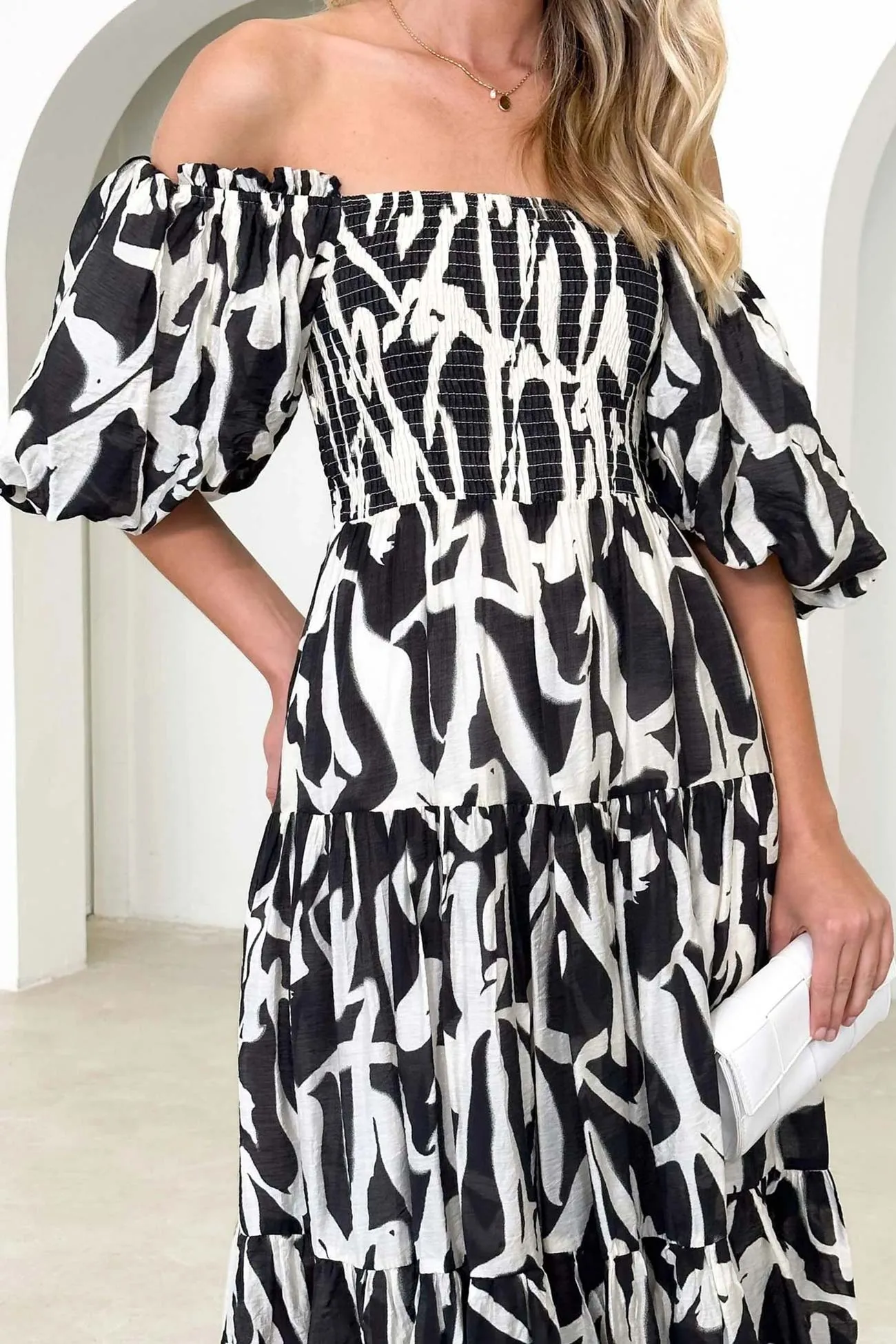 Puff Sleeve Printed Smocked Tiered Dress