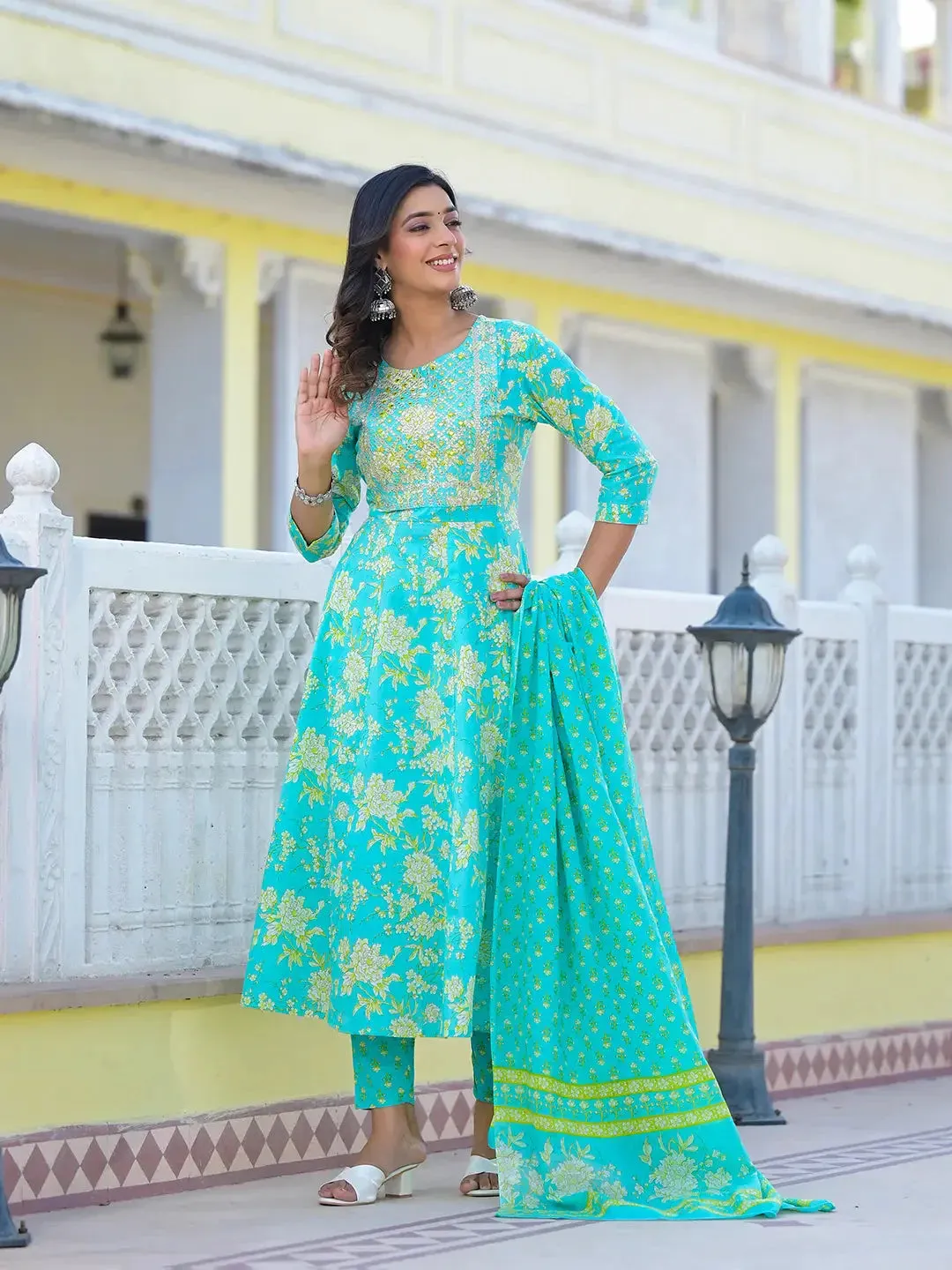 Sea Green Zari_Work Anarkali Pant Dupatta Set