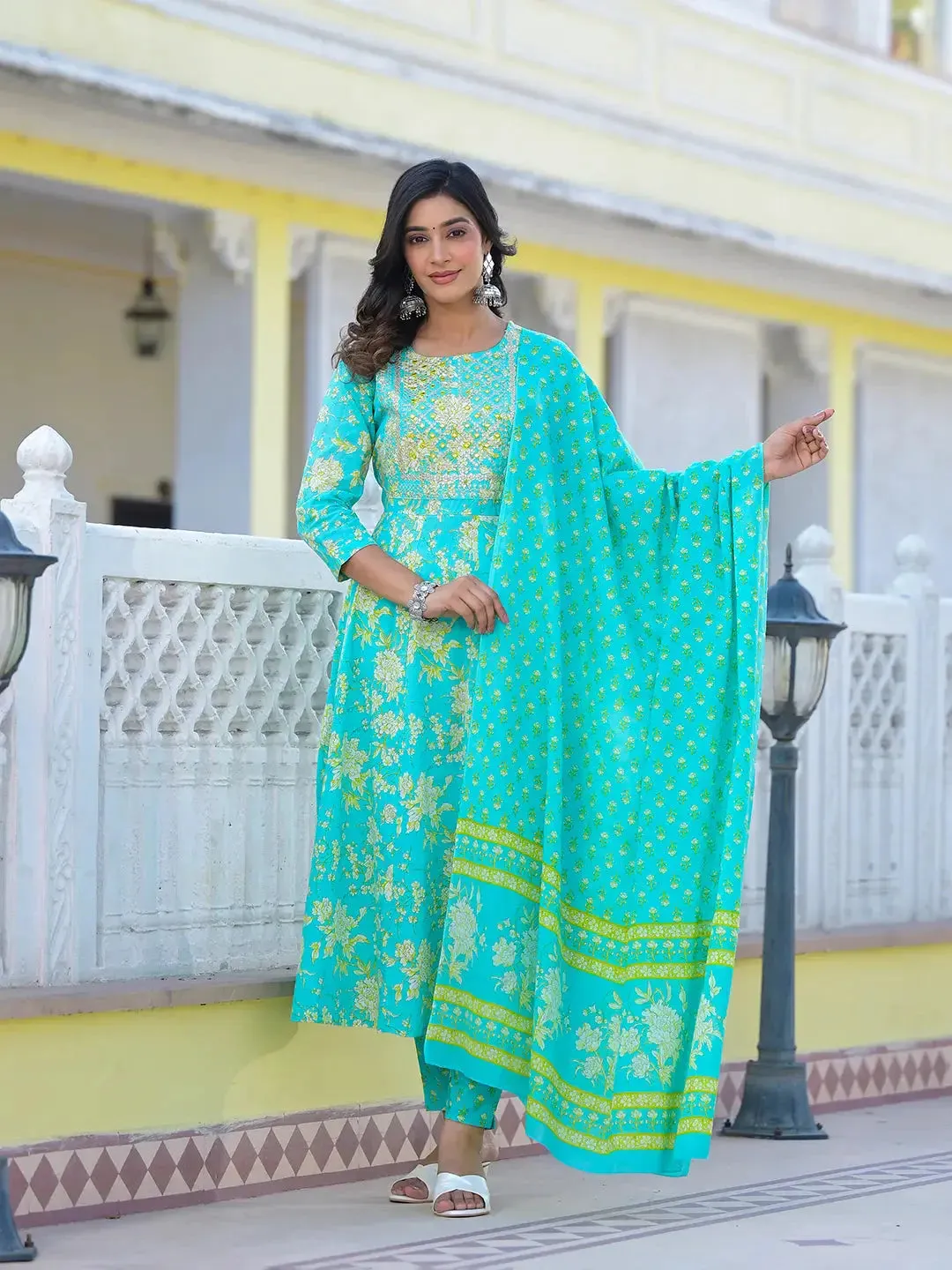 Sea Green Zari_Work Anarkali Pant Dupatta Set