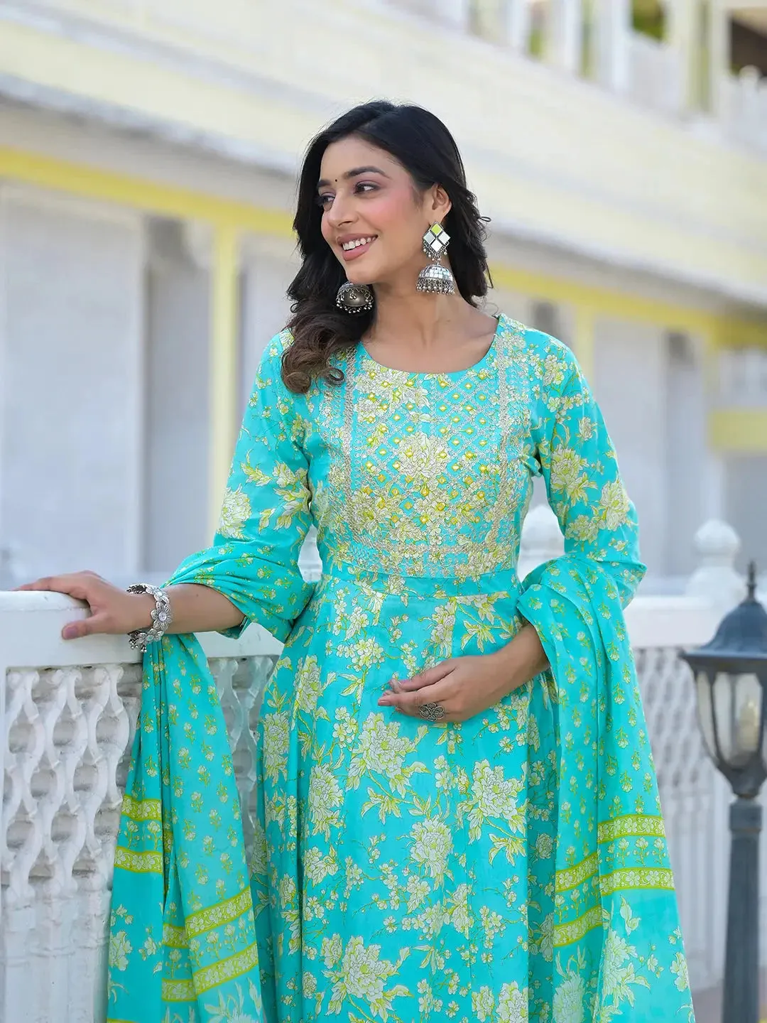 Sea Green Zari_Work Anarkali Pant Dupatta Set