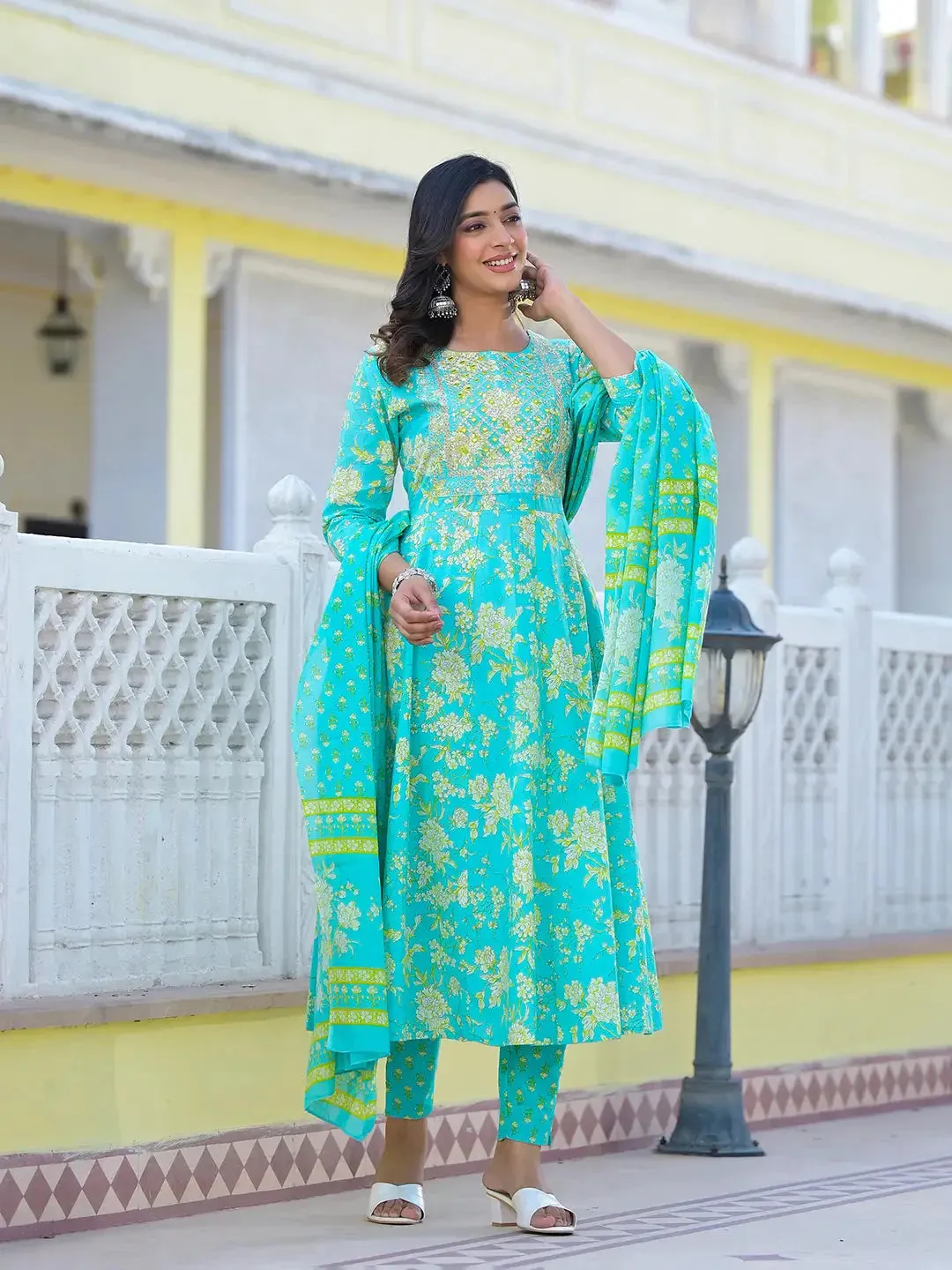 Sea Green Zari_Work Anarkali Pant Dupatta Set