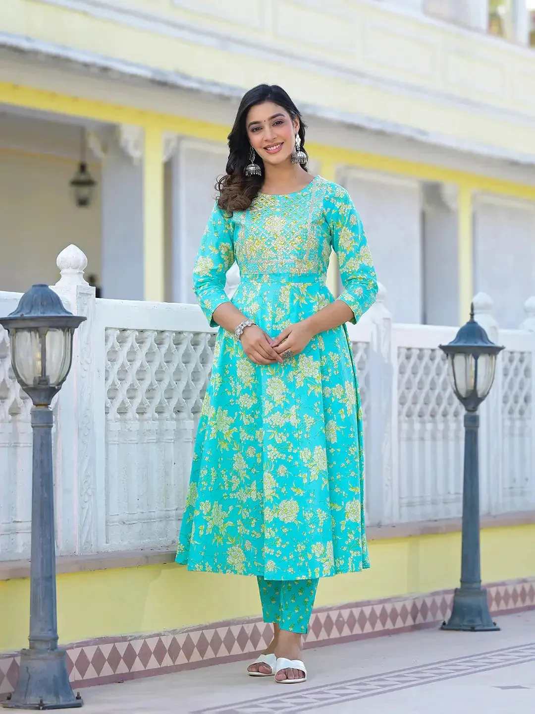 Sea Green Zari_Work Anarkali Pant Dupatta Set